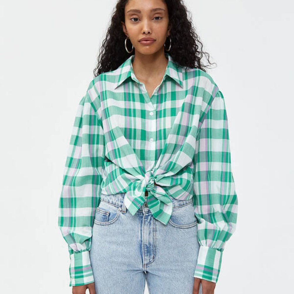 NEED top in green & lilac plaid